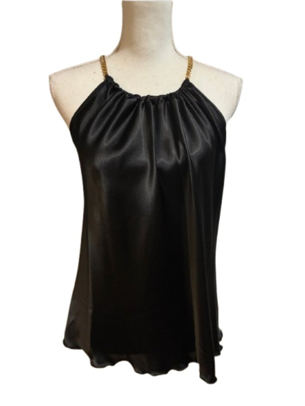 Tash + Sophie Satin Halter Blouse Black Women's Top gold chain straps Small